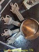 UNUSED METAL MEASURING CUPS AND SPOONS AND SALT AND PEPPER SHAKERS