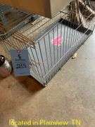METAL ANIMAL KENNEL/(3) PLASTIC ANIMAL CARRIERS/(2) LITTER BOXES