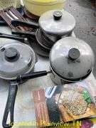 POTS AND PANS/LOCKING CAKE PLATTER/PERKALATOR/TUPPERWARE BOWLS/KNIVES/VEGETABLE SLICER