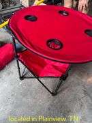 QTY (4) RED FOLDING PATIO CHAIRS & POP UP TABLE