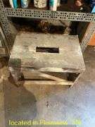 METAL SHOP DESK WITH ATTACHED WOODEN SHELF AND CONTENTS AND STOOL