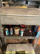 METAL SHOP DESK WITH ATTACHED WOODEN SHELF AND CONTENTS AND STOOL