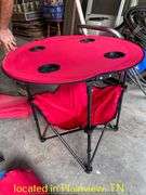 QTY (4) RED FOLDING PATIO CHAIRS & POP UP TABLE