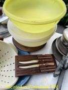 POTS AND PANS/LOCKING CAKE PLATTER/PERKALATOR/TUPPERWARE BOWLS/KNIVES/VEGETABLE SLICER