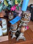 CANDLE STICKS AND CANDLES AND VASE OF ARTIFICIAL FLOWERS