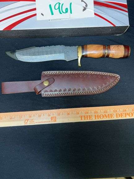 CUSTOM DAMASCUS STEEL FIXED BLADE KNIFE W/ CREAM/RED STRIPE HANDLE