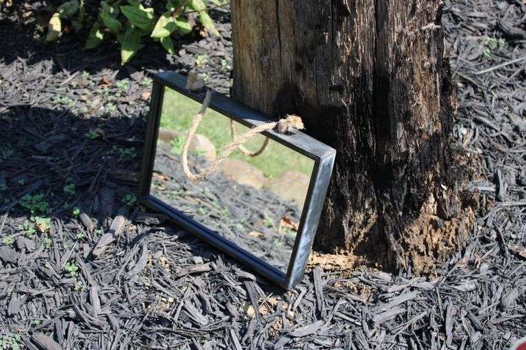 VINTAGE METAL FRAME MIRROR 14"X10" WITH BRAIDED CORD FOR HANGING