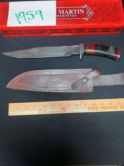 CUSTOM DAMASCUS STEEL FIXED BLADE KNIFE W/ ORANGE/RED STRIPE HANDLE