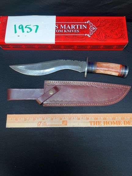 CUSTOM DAMASCUS STEEL FIXED BLADE KNIFE W/ RED/WHITE STRIPE HANDLE