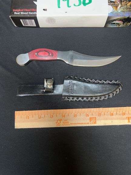 CUSTOM STAINLESS STEEL FIXED BLADE KNIFE W/ GREEN/BLUE/RED STRIPE HANDLE