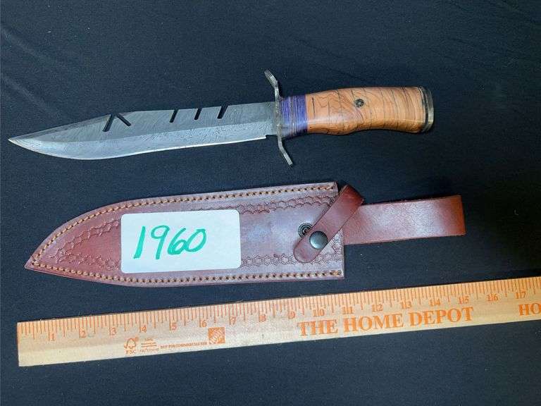 CUSTOM DAMASCUS STEEL FIXED BLADE KNIFE W/ CREAM/RED STRIPE HANDLE