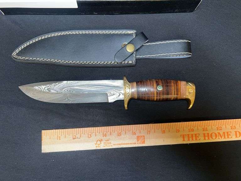 CUSTOM DAMASCUS STEEL FIXED BLADE KNIFE W/ CREAM/RED STRIPED HANDLE