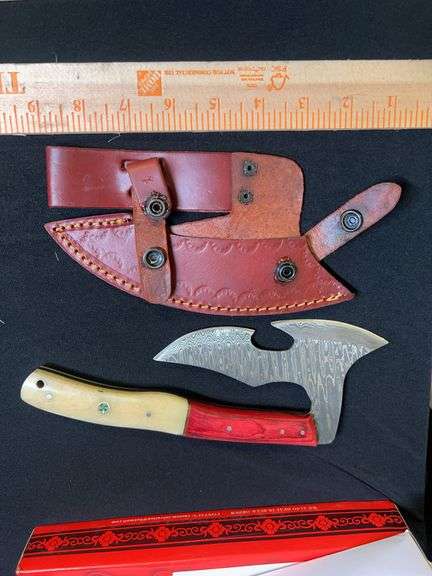 CUSTOM DAMASCUS STEEL FIXED BLADE KNIFE W/ CREAM/RED/BLUE STRIPED HANDLE