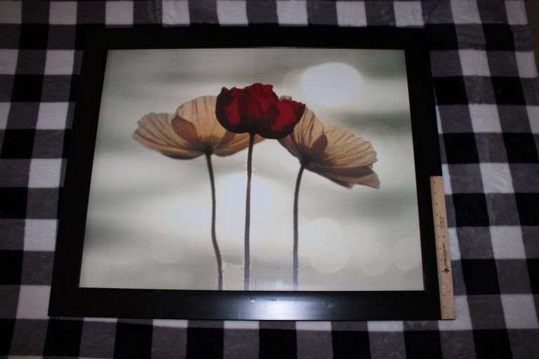FRAMED PICTURE 28"X34" OF RED & YELLOW FLOWERS