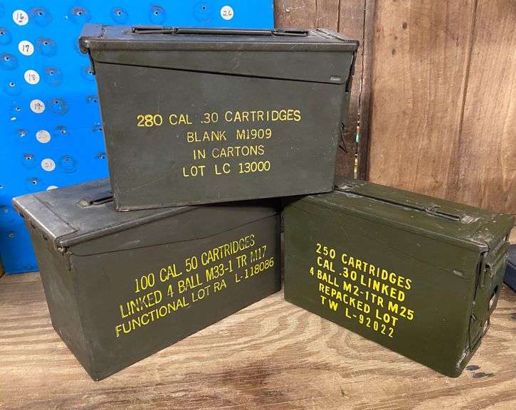 3 Vintage Military Ammo Metal Boxes Lot A