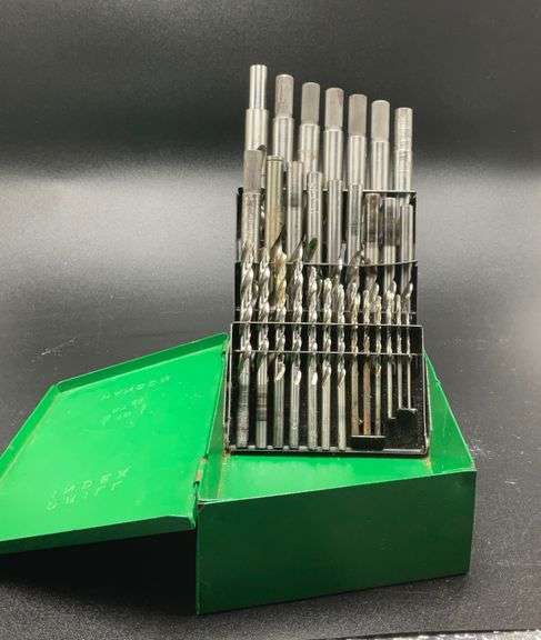 VINTAGE HANSON DRILL INDEX DRILL BIT SET 29 PC 1/16 TO 1/2 BY 1/64 GREEN Metal CASE