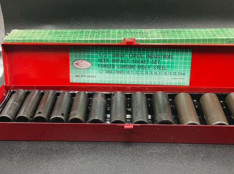 New Vintage K International Tool 1/2” Drive 13 Piece Industrial Deep Impact Socket Set No. KTI-33200