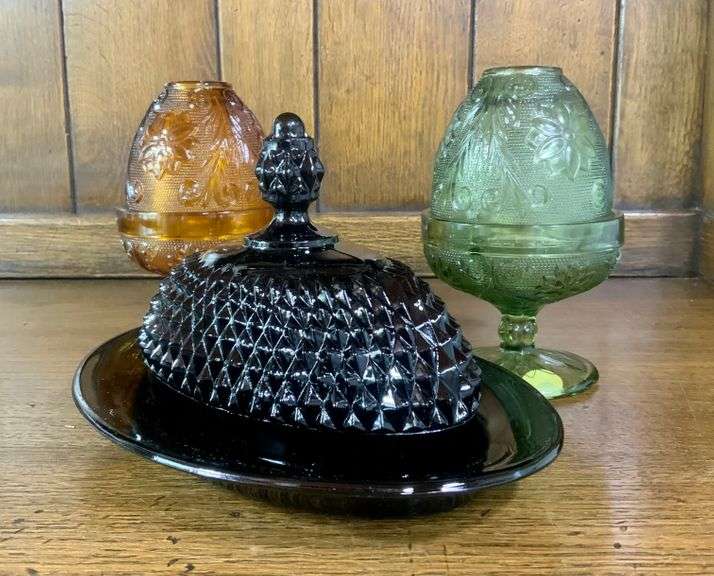 Black Tiara Glass Butter Dish, Amber & Olive Green Candle Holders