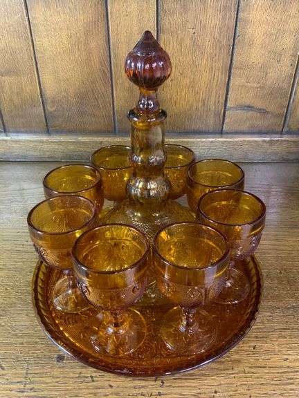 Vintage 70’s Tiara Amber Sandwich  Wine Set-Tray Goblets Decanter 11 Pcs.