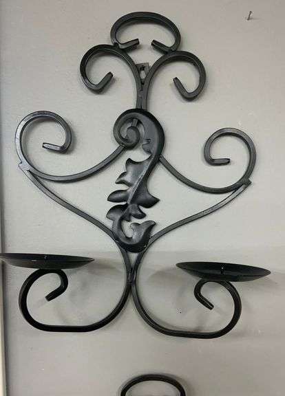 Two Black Wrought Iron Candle Holder Wall Scones