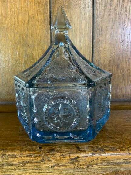 Tiara Indiana Glass Ice Blue Colonial Eagle and Stars Candy Box, Tiara Exclusives Year of the Eagle 1782-1982 Amber Plate & Tiara Glass Liberty Enlightening The World Collector Plate