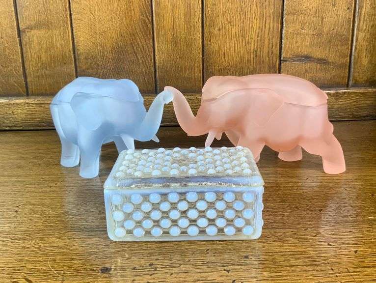 Blue & Pink Tiara Glass Elephants & a Hobnail Trinket Box