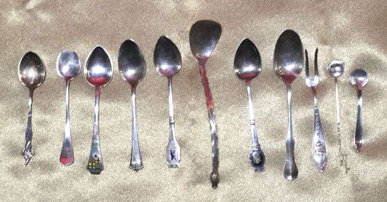 11 Sterling Silver Antique, Vintage Souvenir spoons, demitasse spoons and salt cellar spoons