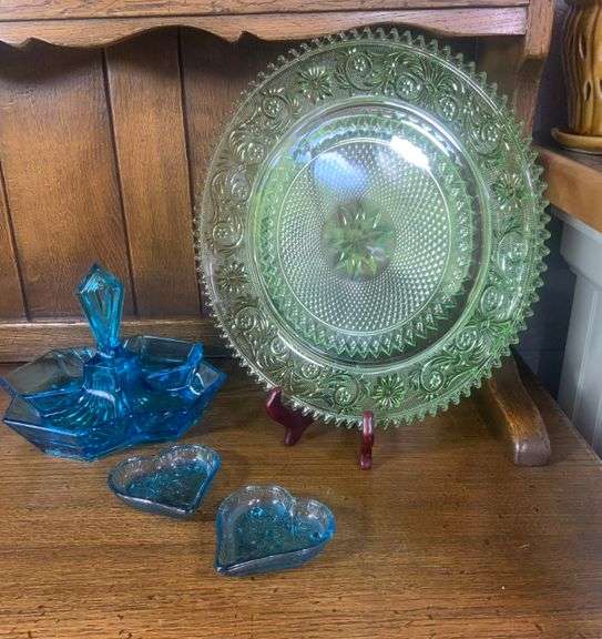 Green Tiara Glass Starburst Platter, Two Blue Heart Dishes & Tiara Indiana Glass Blue Art Deco Divided nut tray