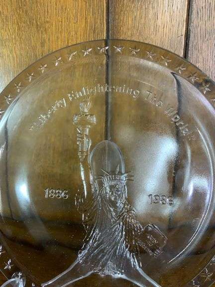 Tiara Indiana Glass Ice Blue Colonial Eagle and Stars Candy Box, Tiara Exclusives Year of the Eagle 1782-1982 Amber Plate & Tiara Glass Liberty Enlightening The World Collector Plate