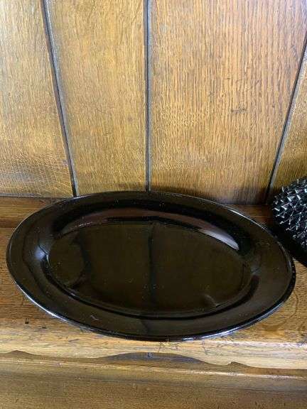 Black Tiara Glass Butter Dish, Amber & Olive Green Candle Holders