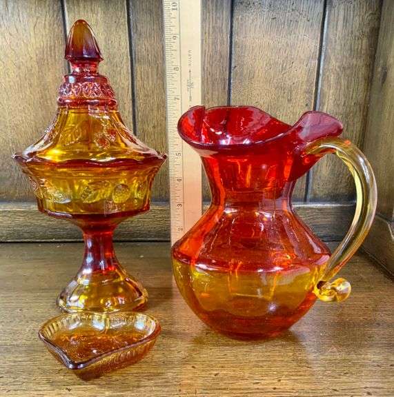 TIARA EXCLUSIVES GLASS RED AMBER CANDY DISH & Amber Heart Dish