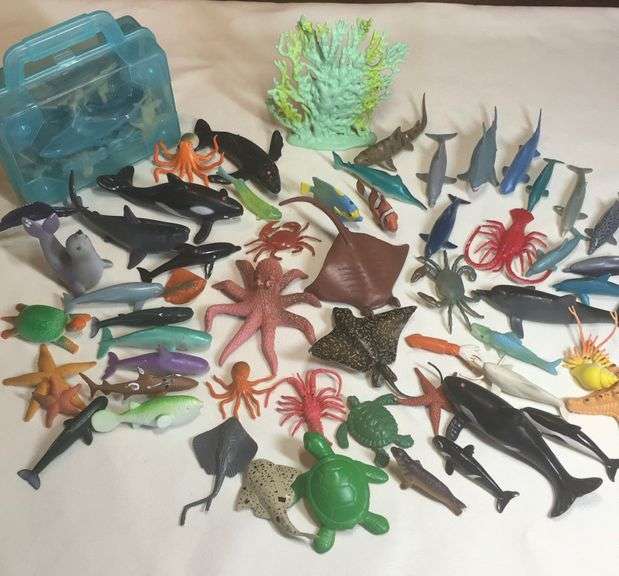 60+ Very Clean Plastic Sea Creatures & box of Sharks
