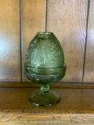 Tiara Glass Amber Cake Plate, 12” Ponderosa Pine Cone Tray/Platter & 7” Olive Green Candle Holder