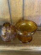 Black Tiara Glass Butter Dish, Amber & Olive Green Candle Holders
