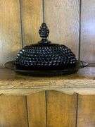 Black Tiara Glass Butter Dish, Amber & Olive Green Candle Holders