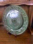 Green Tiara Glass Starburst Platter, Two Blue Heart Dishes & Tiara Indiana Glass Blue Art Deco Divided nut tray