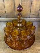 Vintage 70’s Tiara Amber Sandwich  Wine Set-Tray Goblets Decanter 11 Pcs.