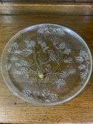 Tiara Glass Amber Cake Plate, 12” Ponderosa Pine Cone Tray/Platter & 7” Olive Green Candle Holder