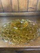 Tiara Glass Amber Cake Plate, 12” Ponderosa Pine Cone Tray/Platter & 7” Olive Green Candle Holder