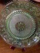 Green Tiara Glass Starburst Platter, Two Blue Heart Dishes & Tiara Indiana Glass Blue Art Deco Divided nut tray