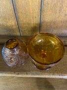 Black Tiara Glass Butter Dish, Amber & Olive Green Candle Holders