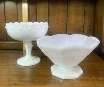 7.5” x 7” Milk Glass Indiana Glass Teardrop Compote Pedestal Bowl & 9” x 6” Vintage Large Milk Glass Fruit Bowl Grape Pattern