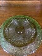 Green Tiara Glass Starburst Platter, Two Blue Heart Dishes & Tiara Indiana Glass Blue Art Deco Divided nut tray