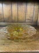 Tiara Glass Amber Cake Plate, 12” Ponderosa Pine Cone Tray/Platter & 7” Olive Green Candle Holder