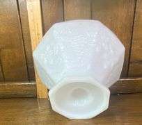 7.5” x 7” Milk Glass Indiana Glass Teardrop Compote Pedestal Bowl & 9” x 6” Vintage Large Milk Glass Fruit Bowl Grape Pattern