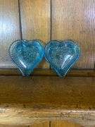 Green Tiara Glass Starburst Platter, Two Blue Heart Dishes & Tiara Indiana Glass Blue Art Deco Divided nut tray