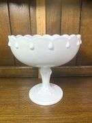 7.5” x 7” Milk Glass Indiana Glass Teardrop Compote Pedestal Bowl & 9” x 6” Vintage Large Milk Glass Fruit Bowl Grape Pattern