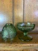 Tiara Glass Amber Cake Plate, 12” Ponderosa Pine Cone Tray/Platter & 7” Olive Green Candle Holder