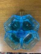 Green Tiara Glass Starburst Platter, Two Blue Heart Dishes & Tiara Indiana Glass Blue Art Deco Divided nut tray