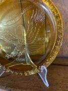 Tiara Indiana Glass Ice Blue Colonial Eagle and Stars Candy Box, Tiara Exclusives Year of the Eagle 1782-1982 Amber Plate & Tiara Glass Liberty Enlightening The World Collector Plate